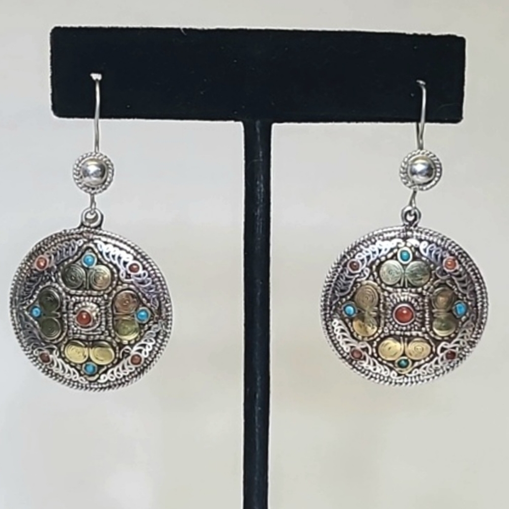 Exotic .925 Handcrafted Nepalese Turquoise Coral Dangle Earrings Boho Vintage